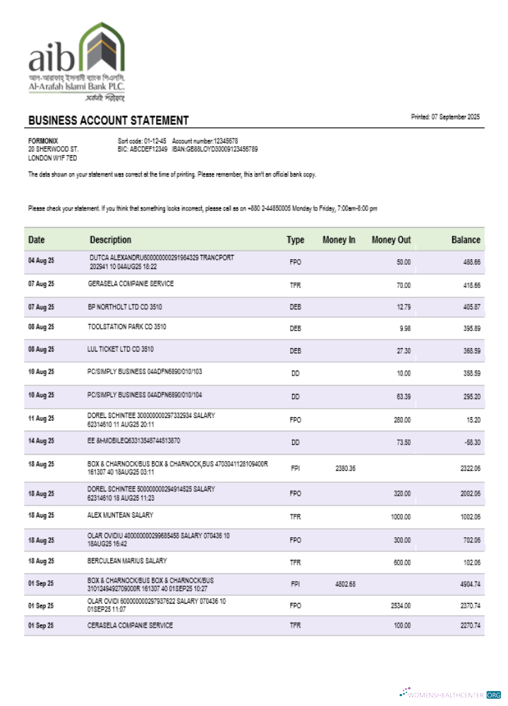 Download Al Arafah Islami Bank business account statement Word and PDF template Photoshop template